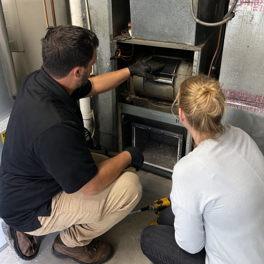 HVAC technician performing professional air duct cleaning and furnace inspection in Pennsylvania, PA