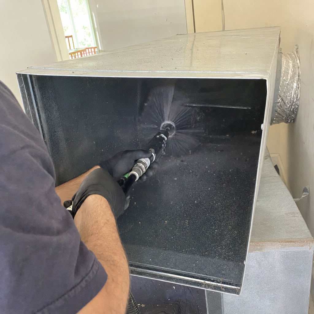 Professional technician performing deep air duct cleaning with rotating brush tool in Kennett Square, PA