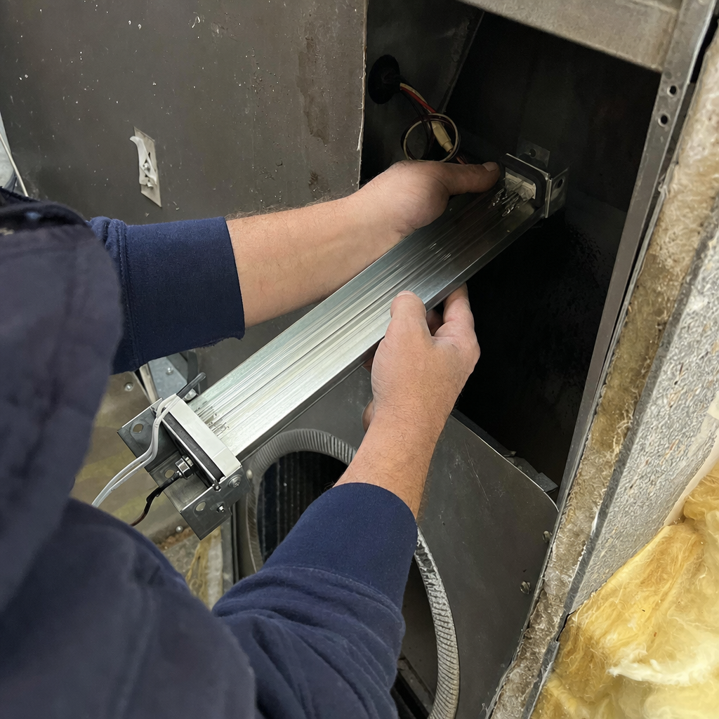 Technician installing an ultraviolet air purification system in an air duct in Bear, PA
