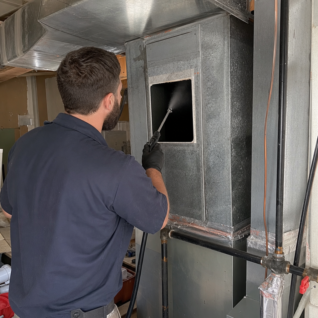 Technician performing professional air duct sanitizing and HVAC cleaning service in Hellertown, PA