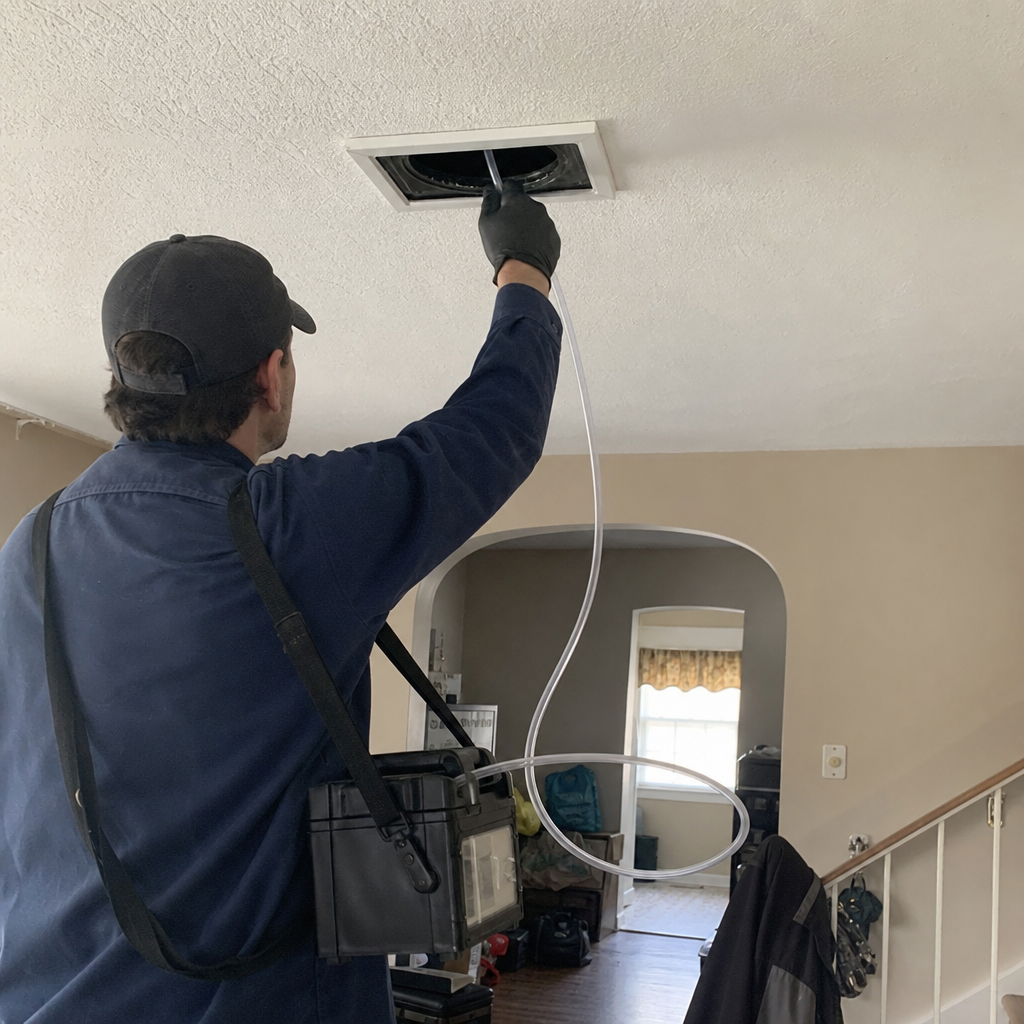 Technician performing professional air duct cleaning and sanitizing service in Clairton, PA