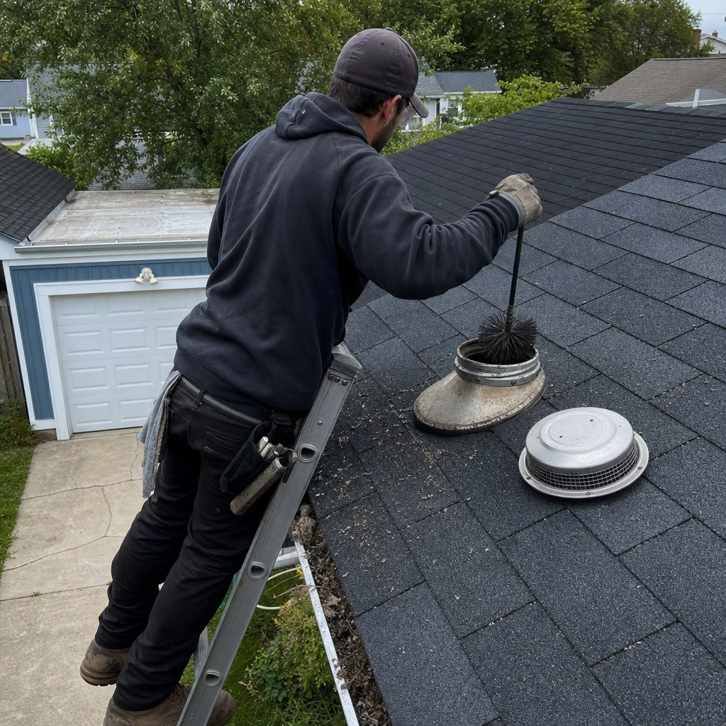 Technician performing professional dryer vent cleaning on a residential roof in Pennsylvania, PA