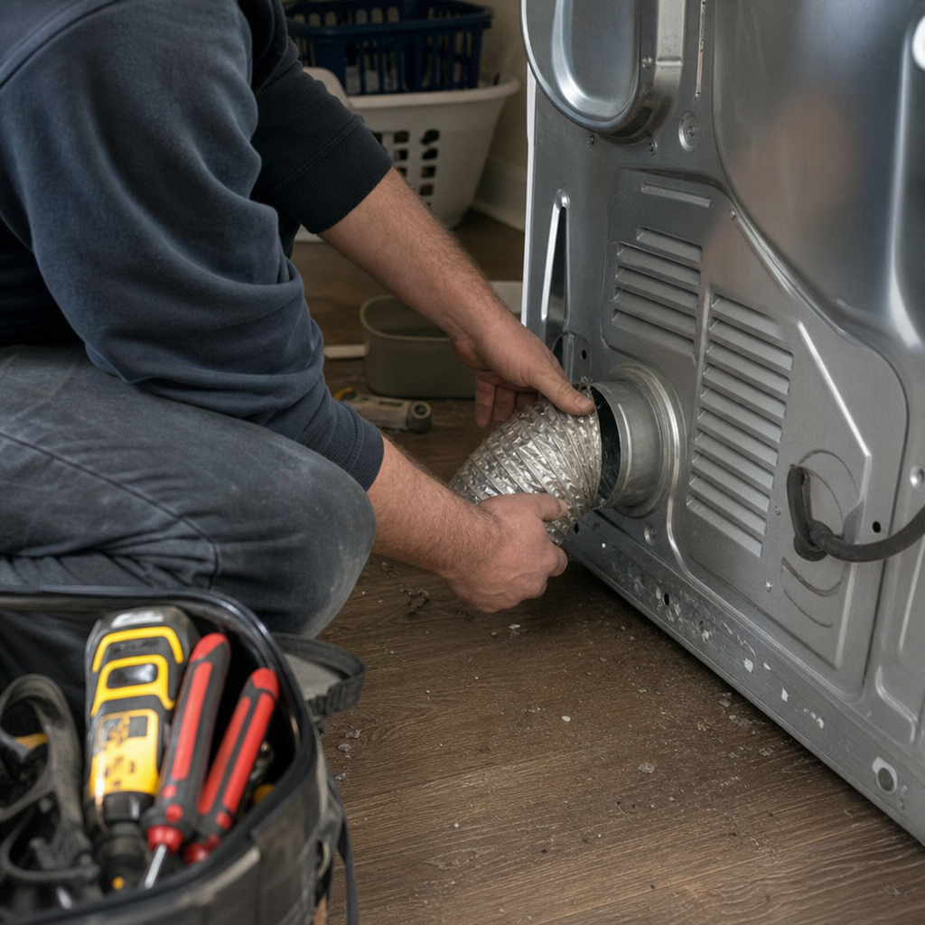 Technician attaching a silver dryer vent hose to a clothes dryer in Elsmere, PA