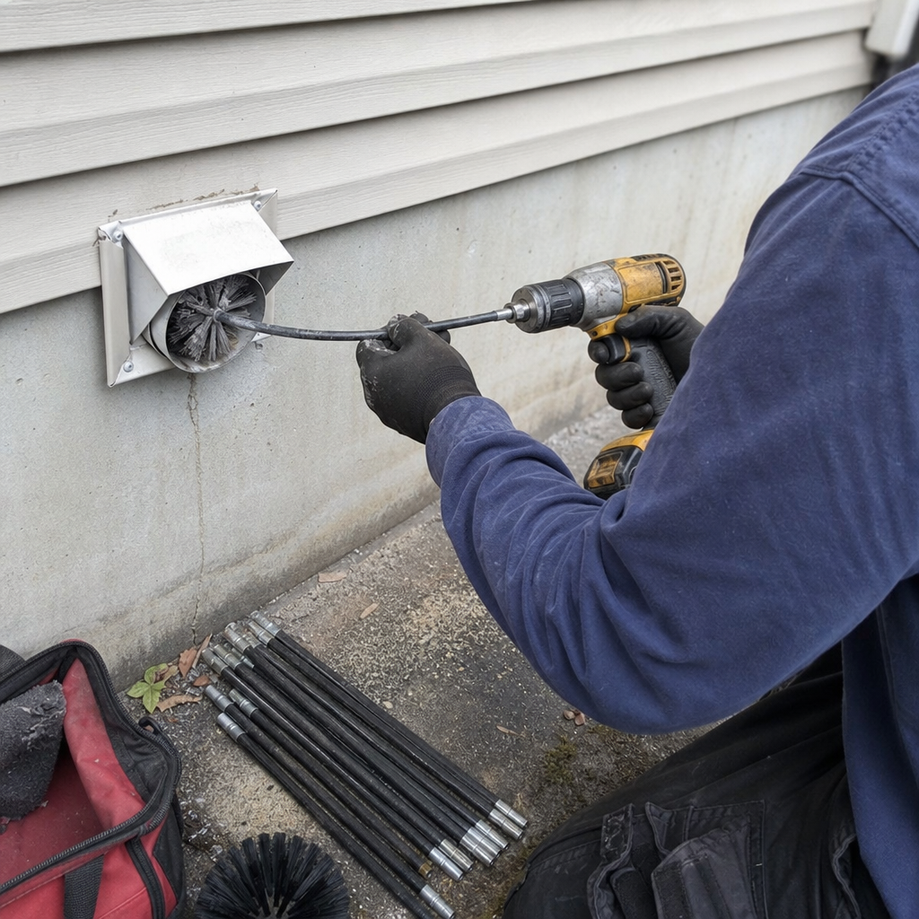 Technician using a rotating brush to perform professional dryer vent cleaning in Ewing, PA