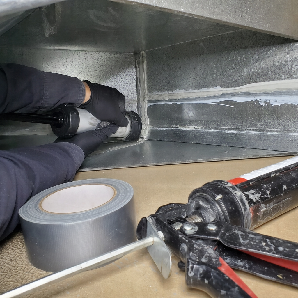 Technician performing professional duct repair and sealing on metal HVAC system in Lower Burrell, PA