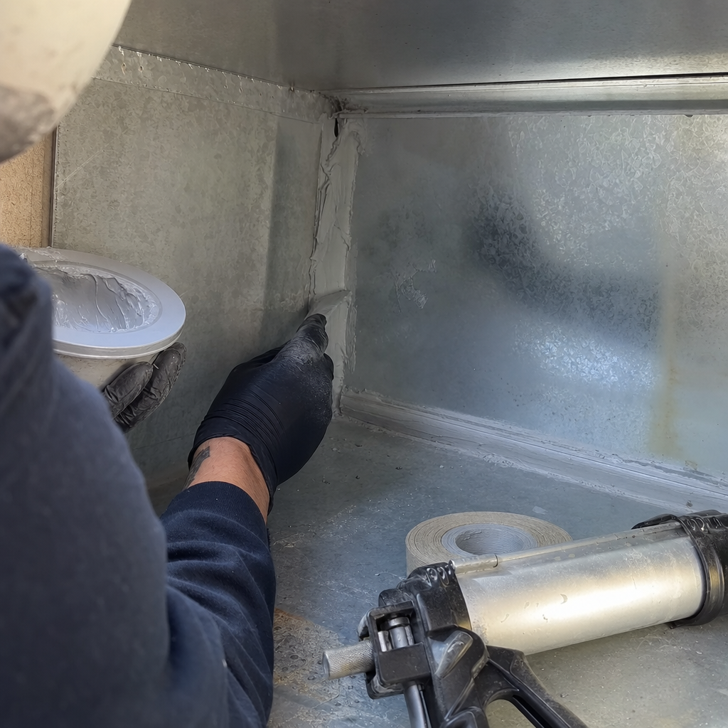Technician performing professional HVAC duct sealing and repair with mastic sealant in Corry, PA
