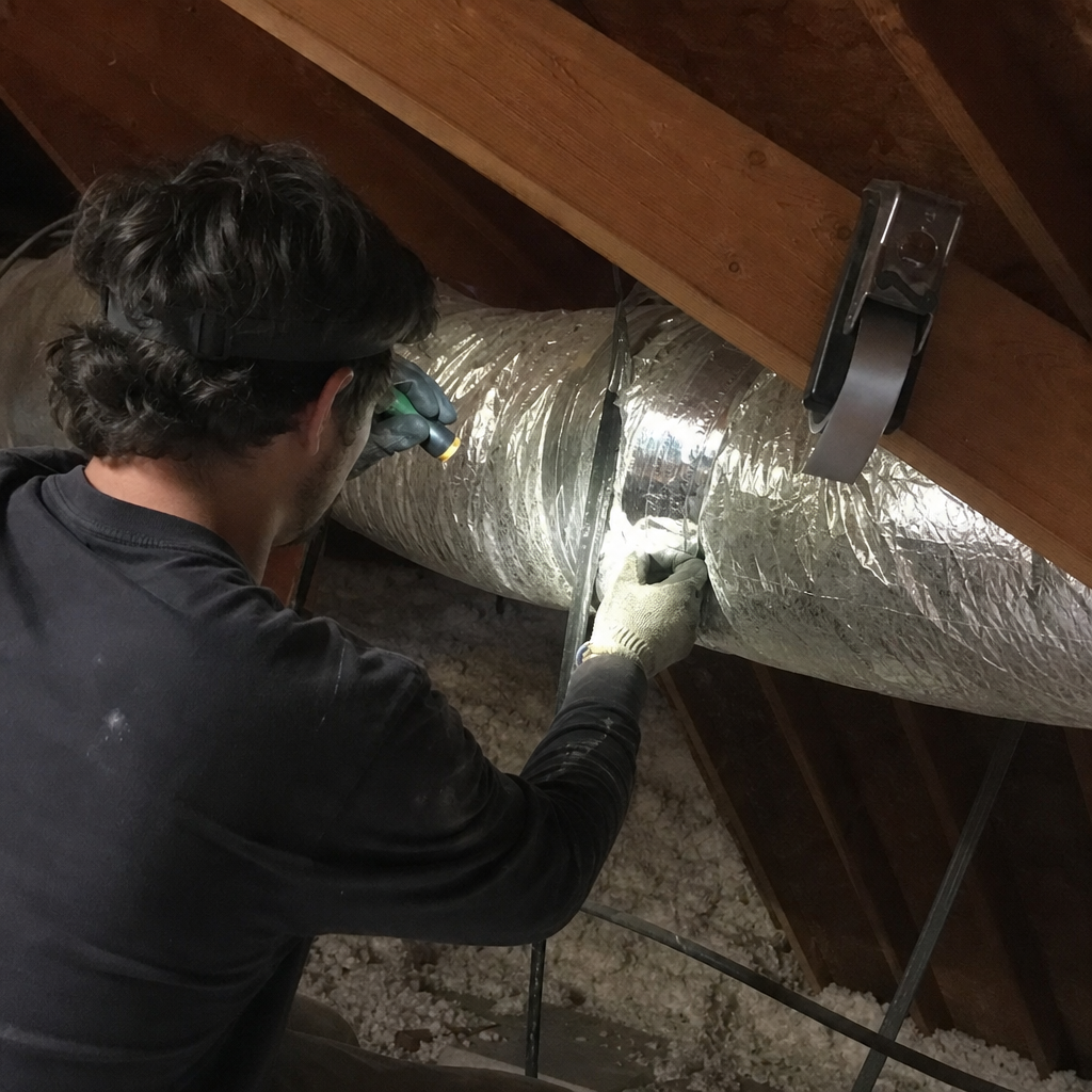 Technician performing professional air duct repair and sealing in an attic. in Hellertown, PA