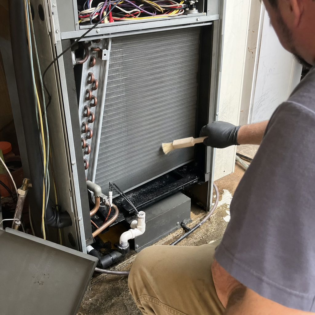 HVAC technician cleaning cooling coils inside an air handler unit in Clairton, PA