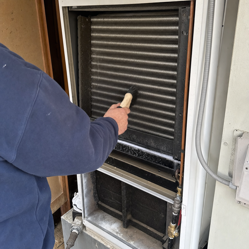 Technician using a brush to clean HVAC system cooling coils in Bedminster, PA