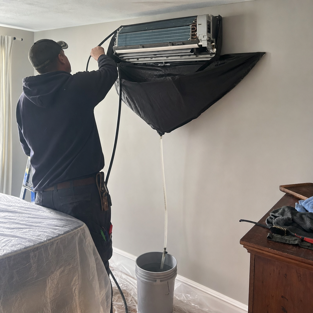 Technician performing professional indoor mini-split HVAC system deep cleaning maintenance in Jackson, PA